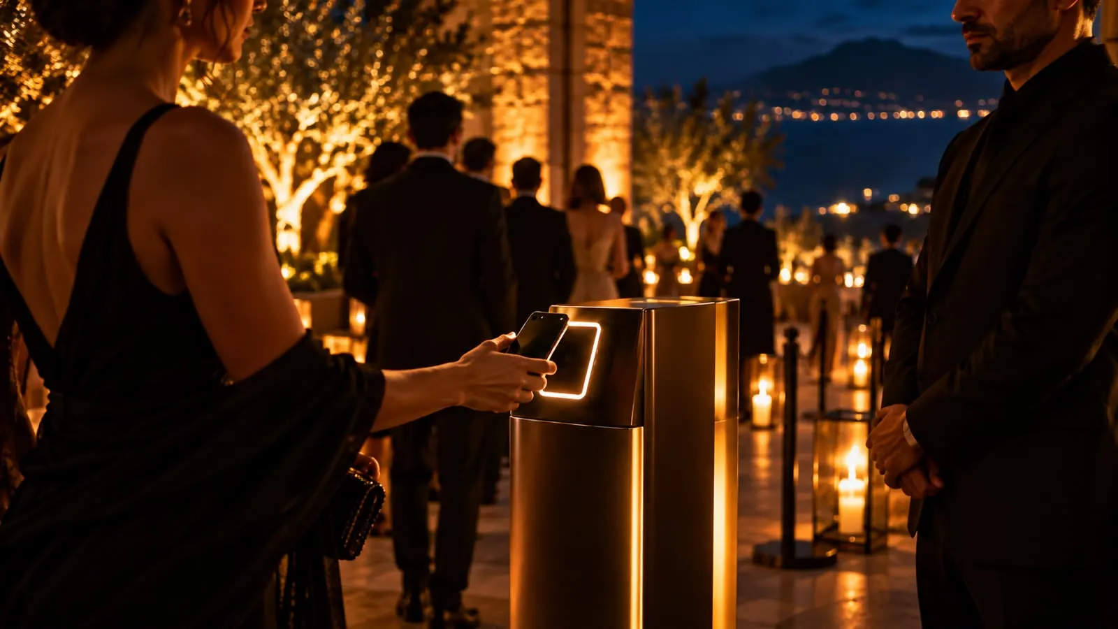 Una invitada acerca el celular a un tótem de acreditación en la entrada de un evento