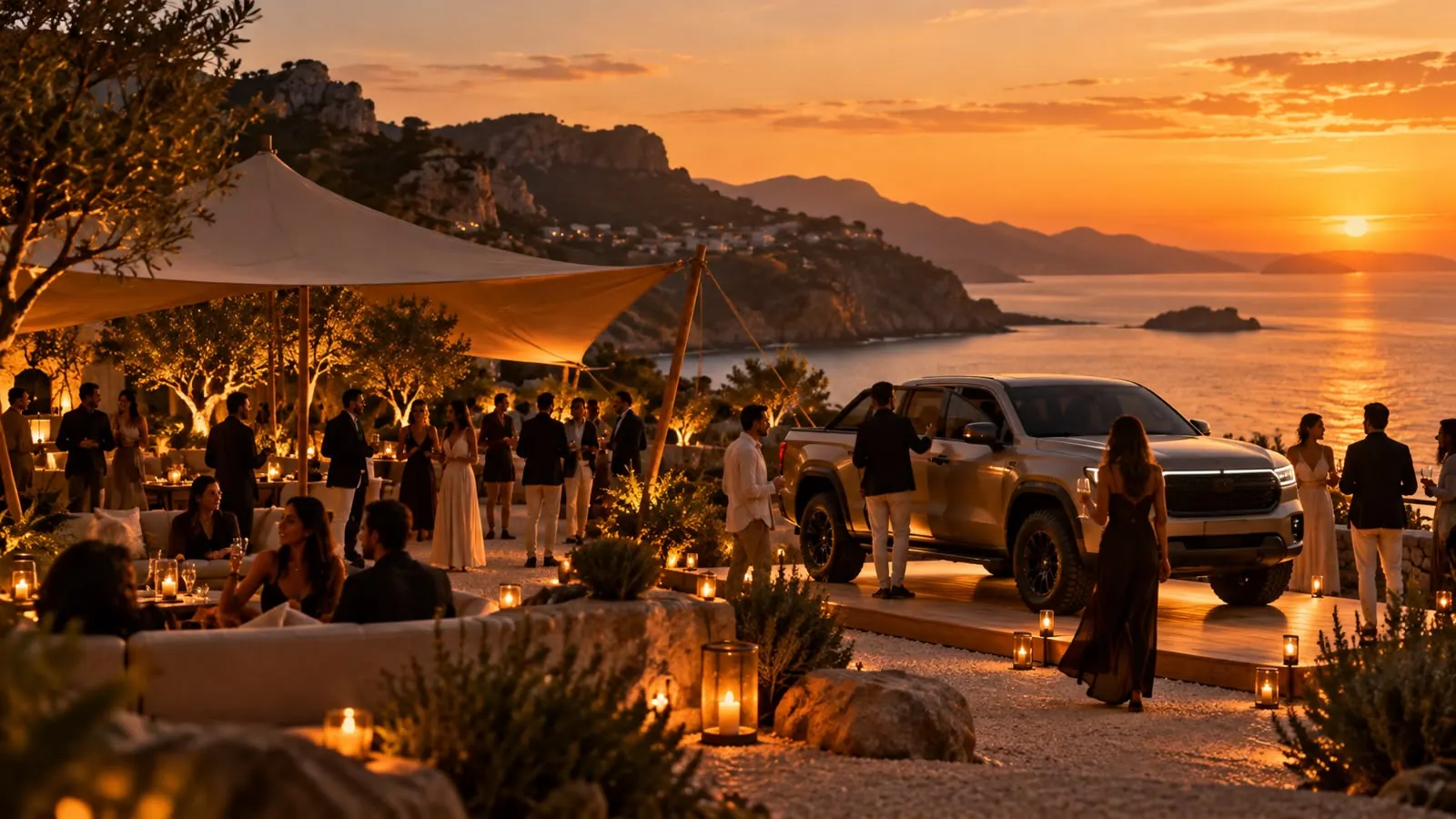 Activación de una marca de autos frente al mar al atardecer, con una pick-up en exhibición