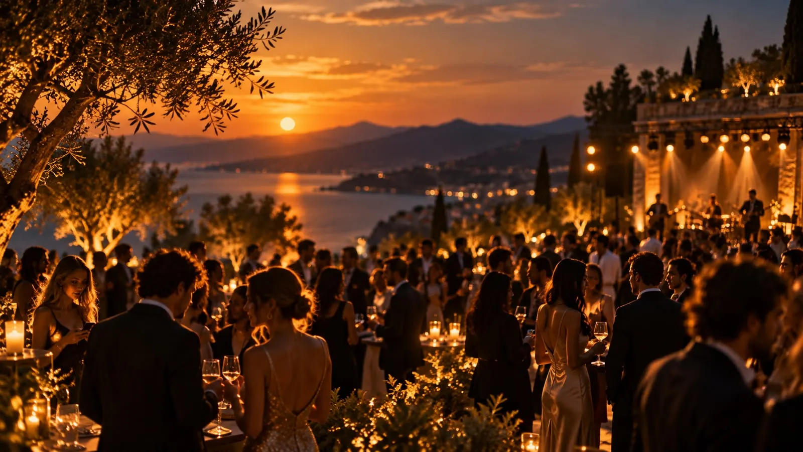 Público en un evento al aire libre al atardecer, con un escenario iluminado frente al mar