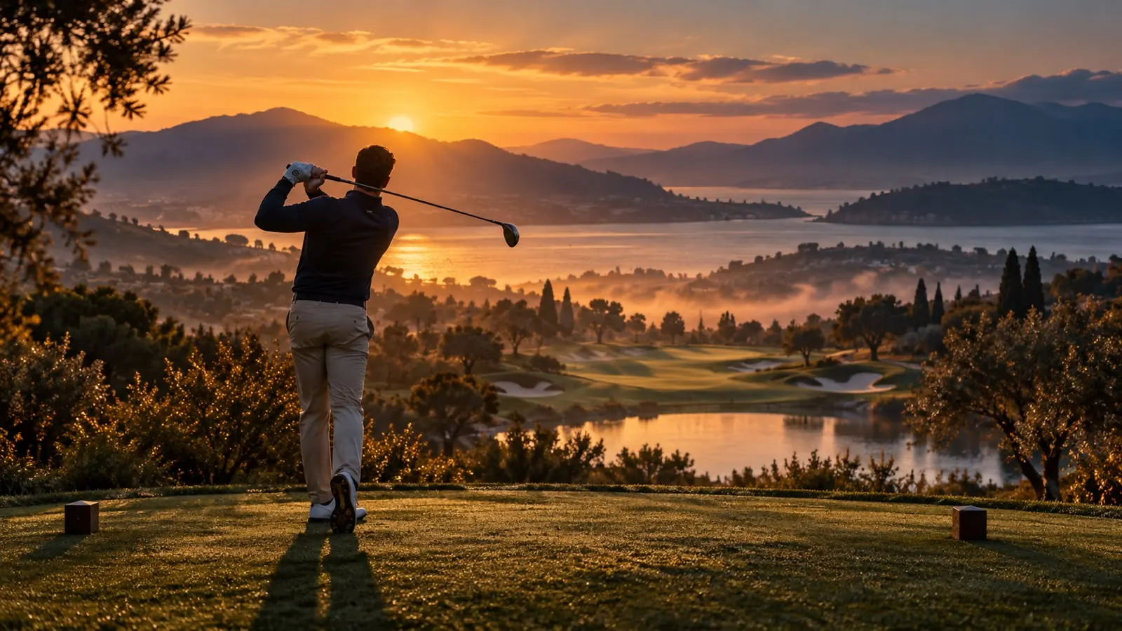 Golfista de espaldas en el tee al amanecer, con la cancha y el lago entre la niebla