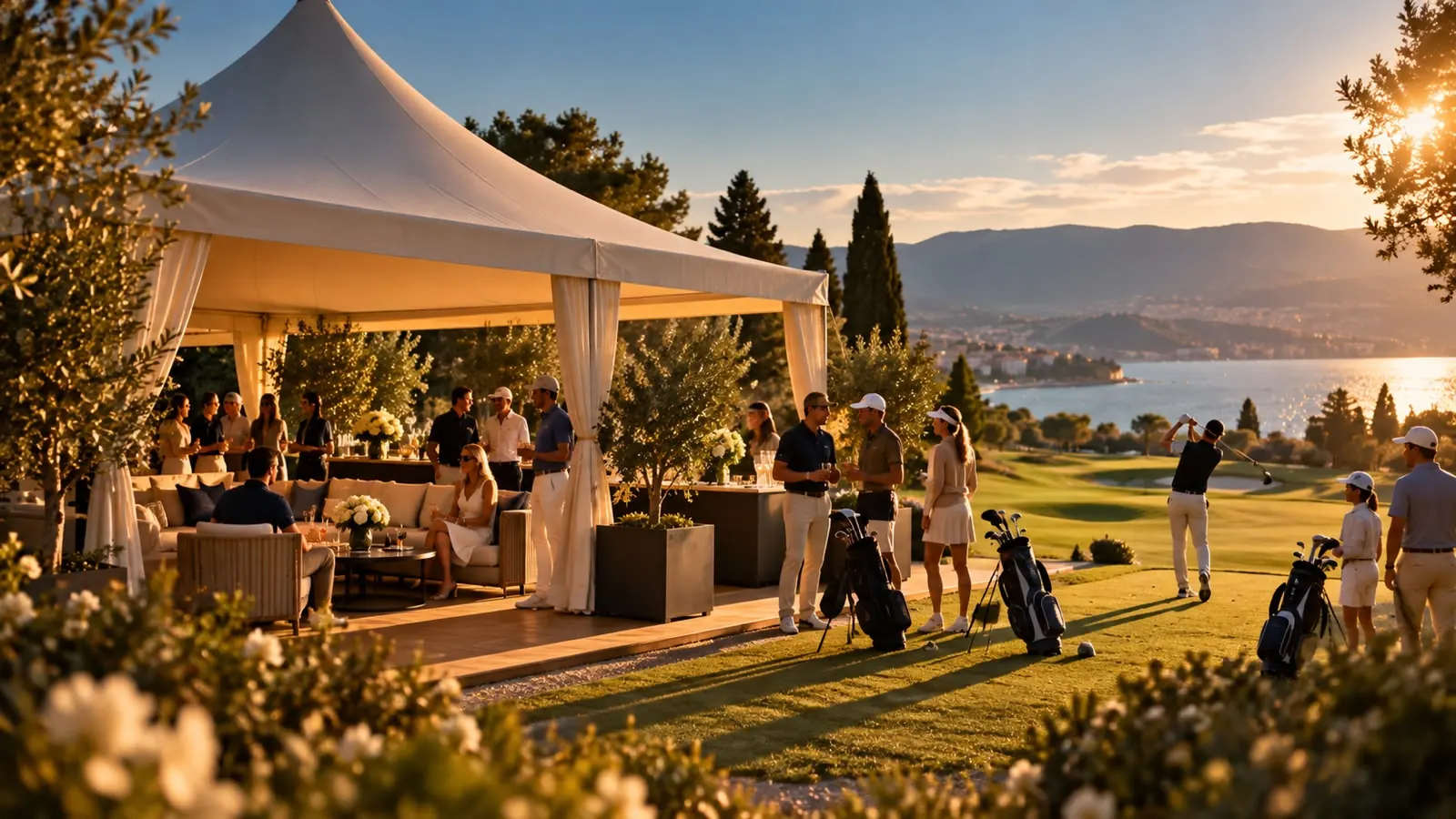 Carpa de un sponsor en una cancha de golf, con jugadores e invitados al atardecer