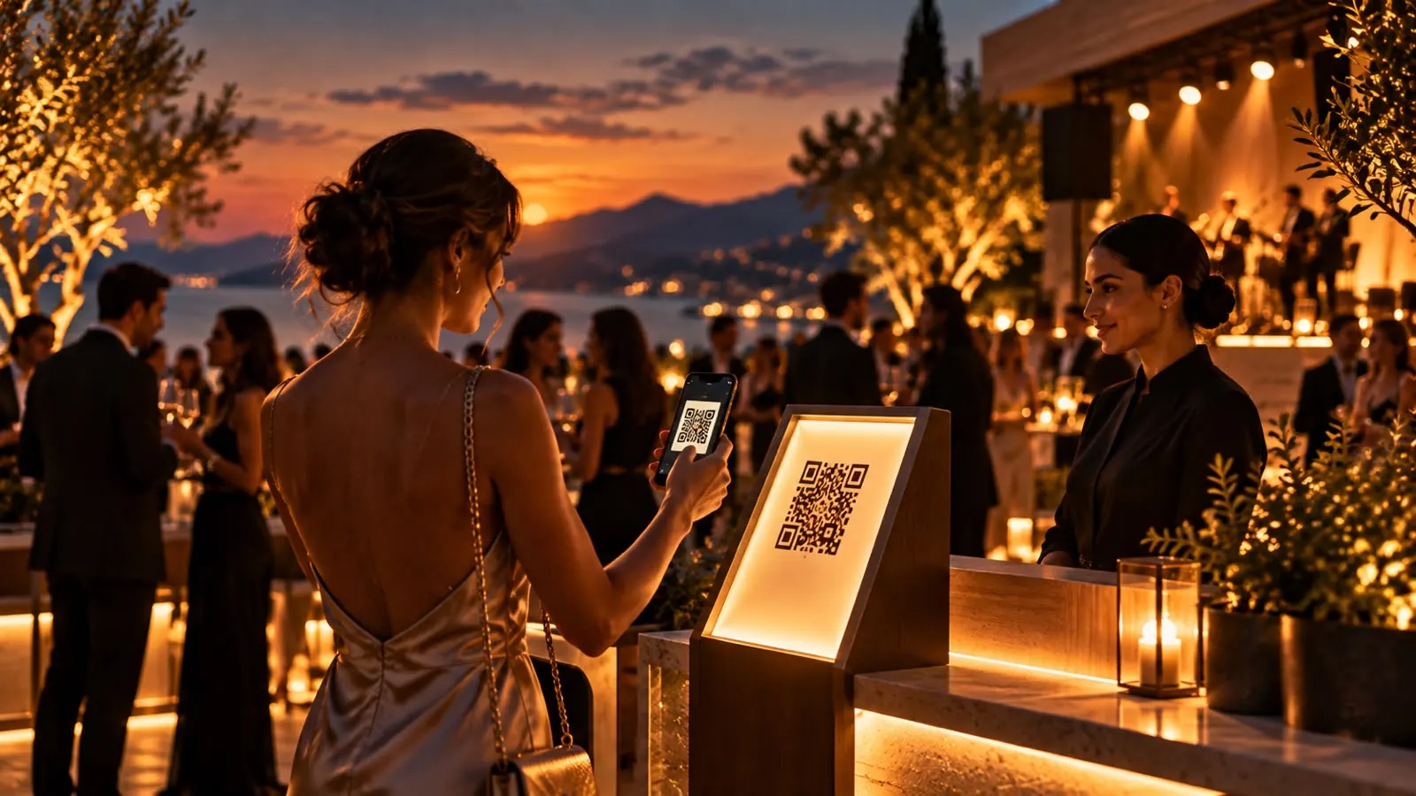 Una invitada escanea con el celular el QR del stand de un sponsor